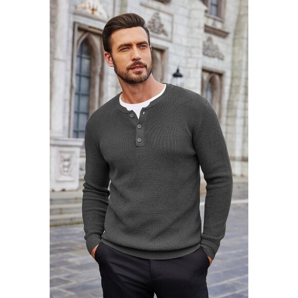 Men's Crewneck Lightweight Sweaters Quarter Button Sweatshirts Long Sleeve Slim - Picture 2 of 7